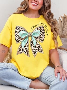 Gildan Yellow Short Sleeve Tee with Leopard & Mint Bow Graphic